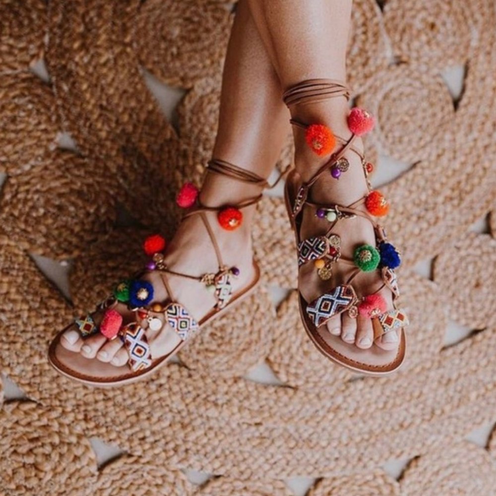 Cognac Leather Lace Up Gladiator Pom Pom Sandals